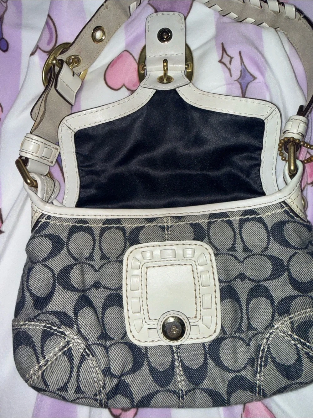 Coach Gray Signature Canvas Shoulder Bag with Ivory Trim